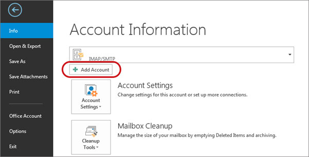 Setup ICA.NET email account on your Outlook 2016 Manual Step 1 - Method 2